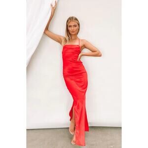 NWT The Edit Manhattan Slip Formal Dress Cherry Red Satin Lace Up Maxi Small New